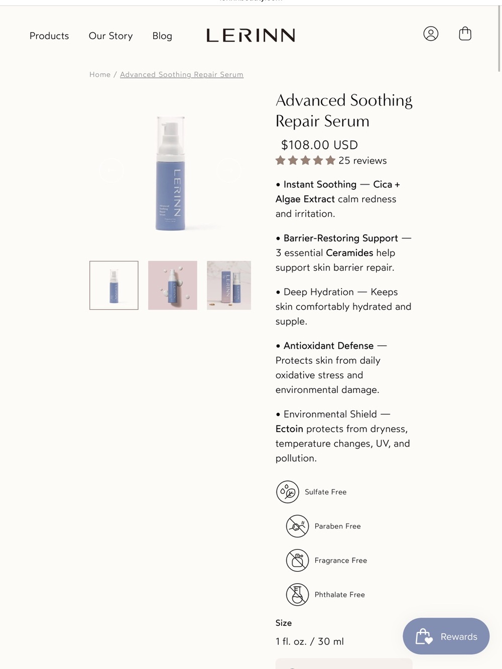 LERINN Advanced Soothing Repair Serum — 1 fl oz. New/Sealed